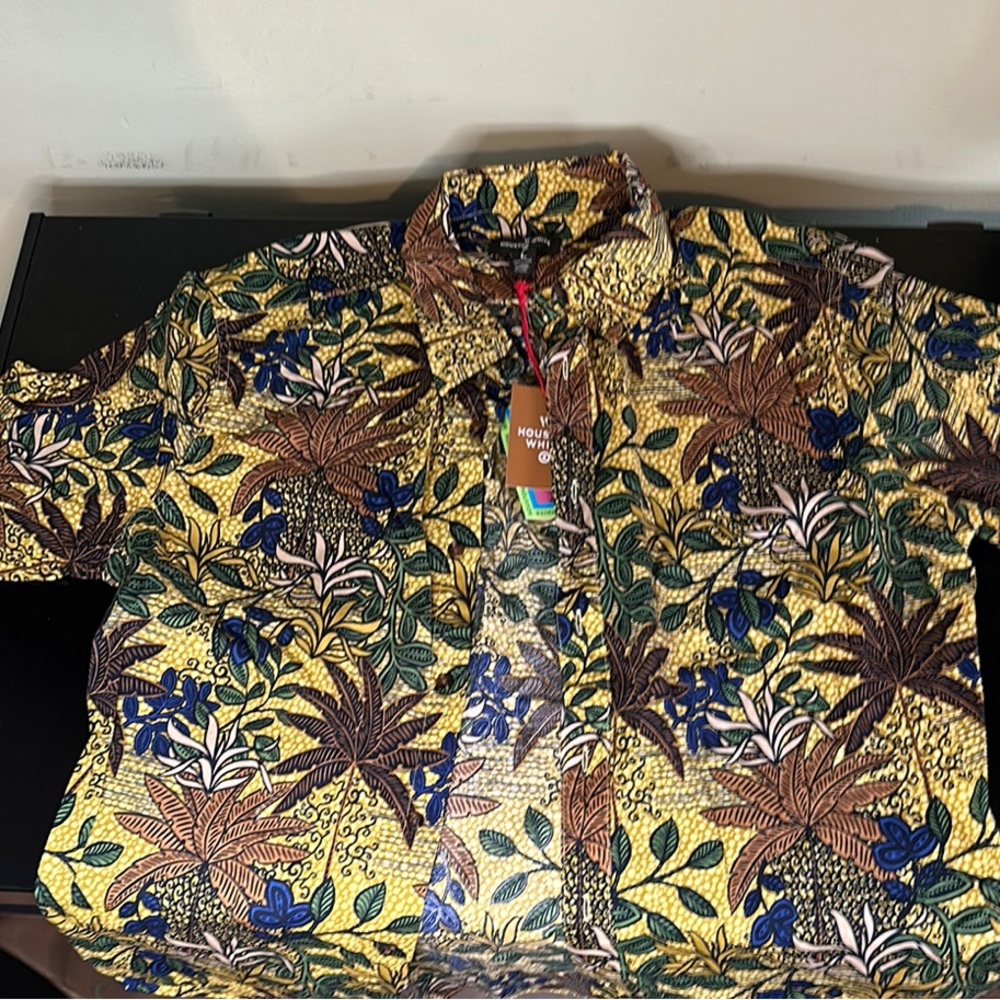 Gold and Blue Casual Button Down Shirt with Vibrant Pattern